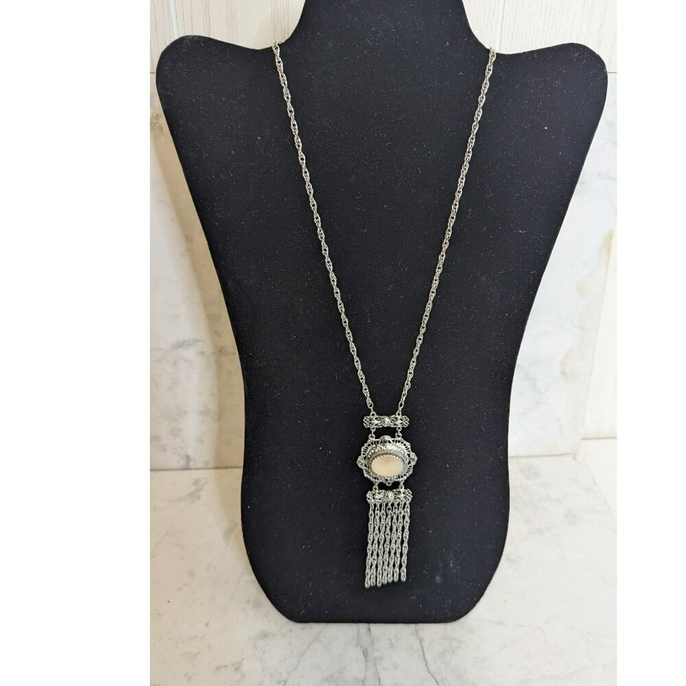 Whiting Davis silver toned statement mother of pearl Drop Necklace 22 inch